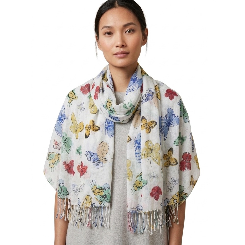Old Navy Butterfly Print Scarf Shawl White Multi Color‎ Fringe Trim One Size - Picture 2 of 9